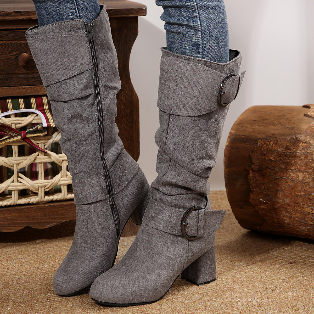 Beltbuckle Chunkyheeled Midcalf Boots
